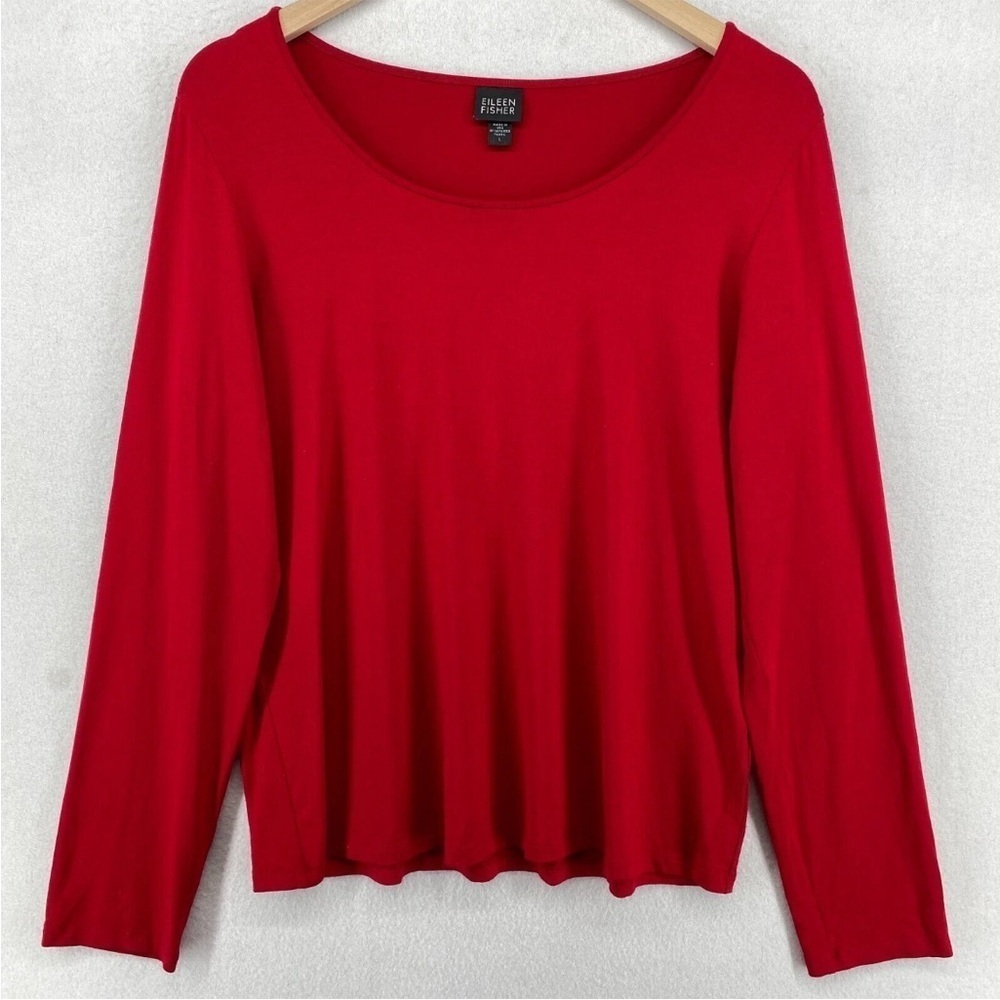 [L]EILEEN FISHER Top Rayon Stretch Jersey Round Neck Long Sleeve Red USA